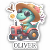 Coole Trex Dinosaur Boer Bestuurt Rode Tractor Sticker (Voorkant)