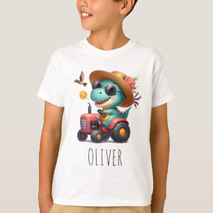 Coole Trex Dinosaur Boer Bestuurt Rode Tractor  T-shirt