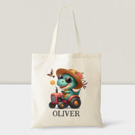 Coole Trex Dinosaur Boer Bestuurt Rode Tractor  Tote Bag