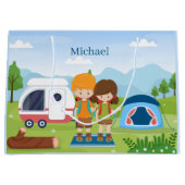 coole unisex kinder camping party voegt naam toe groot cadeauzakje (Voorkant)