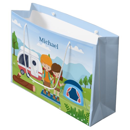 coole unisex kinder camping party voegt naam toe groot cadeauzakje (Voorkant Gekanteld)