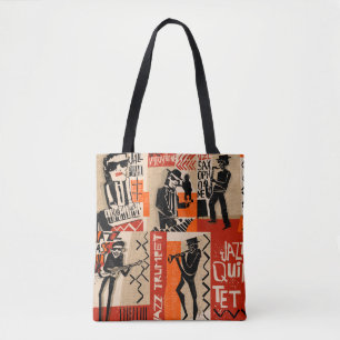 coole vintage van jazz band poster met trompetspel tote bag