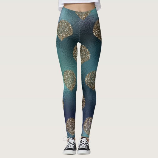 coole zeekleurde glitter blauwe goudschelp unicorn leggings (Voorkant)
