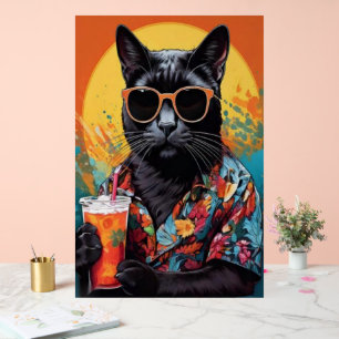 Coole Zwarte Kat in Hawaiaans Hemd Retro Pop Art Acryl Bord