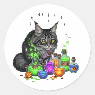 Coon & Potion Flessen – Maine Coon Halloween Ronde Sticker