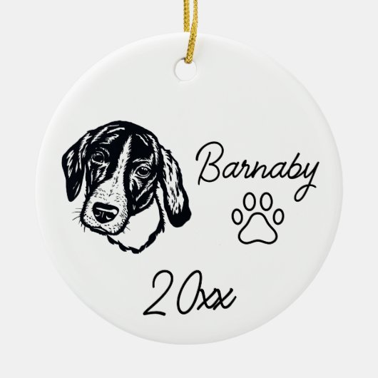 Coonhound hond aangepaste naam & jaar lijn kunst keramisch ornament (Voorkant)