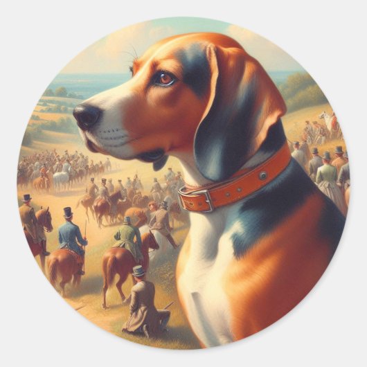 coonhound hondenschilderij ronde sticker (Voorkant)
