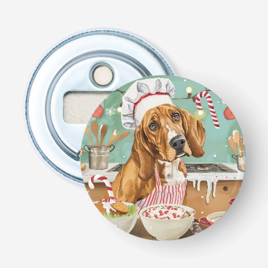 Coonhound Kerstbak: Festieve Kerstmis Button Flesopener (Voorkant)