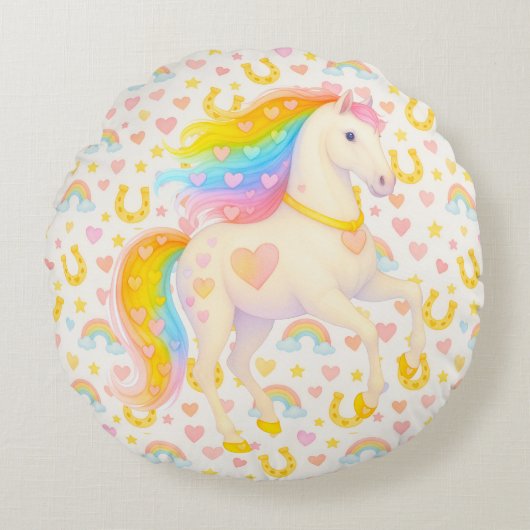 Cooper & Cody — Rainbow Horses Throw Pillow Rond Kussen (Voorkant)