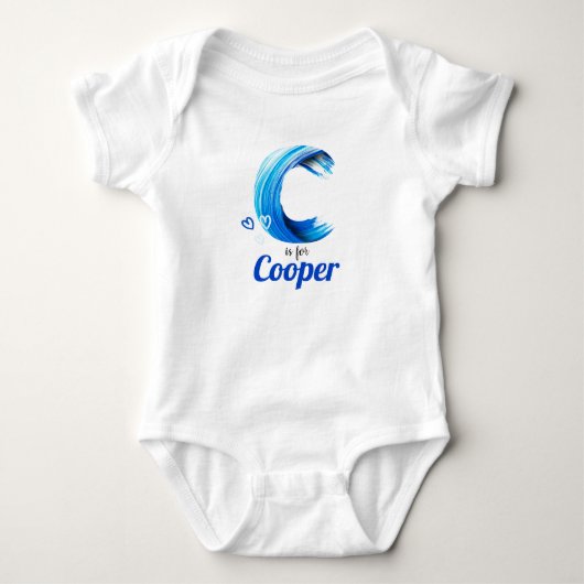 Cooper Name Reveal Letter C Boy Blue Paint Ocean Romper (Voorkant)