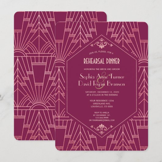 Cooper Roos Great Gatsby 1920s Rehearsal Dinner Kaart (Voorkant / Achterkant)