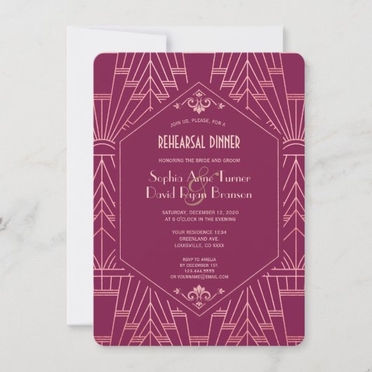 Cooper Roos Great Gatsby 1920s Rehearsal Dinner Kaart (Voorkant)