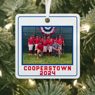 Cooperstown NY Baseball Custom Jaar Team Fun Facts Metalen Ornament