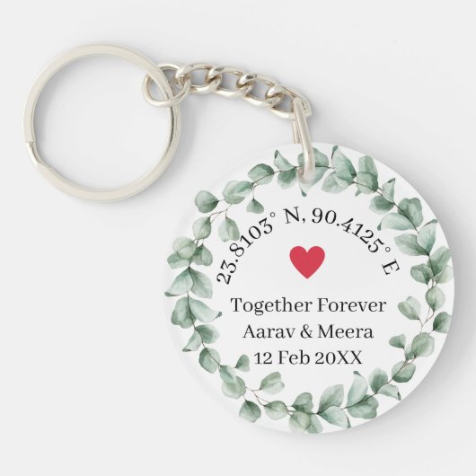 Coördinaten van Liefde Botanisch Trouwcadeau Sleutelhanger (Voorkant)