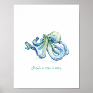 Coördinaten waterverf blauwe octopus-kaart poster