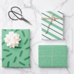 Coordinating Set Christmas Wrapping Paper<br><div class="desc">Coordinating variety of my original designs Christmas wrapping Paper. 1 sheet each of: "Pineboughs",  "Light Green Candycane Stripes" en "White Snow Dots on Light Green Background".</div>