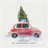 Coördinerende Kerststicker - Vintage Rode Auto Vierkante Sticker (Voorkant)