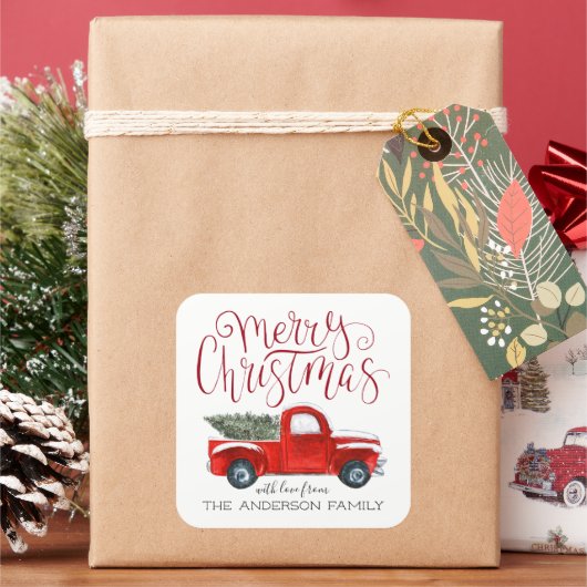 Coördinerende Kerststicker - Vintage Rode Truck Vierkante Sticker (Feestdagen)