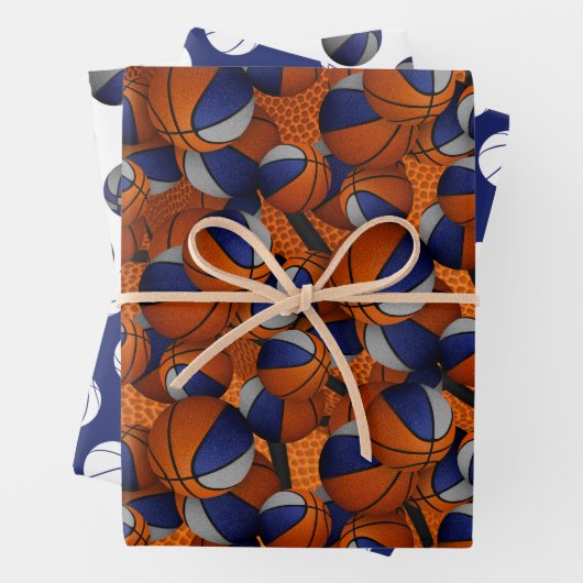 Coördinerende set blauw grijs basketbal patronen inpakpapier vel (In situ)