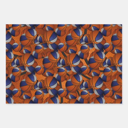 Coördinerende set blauw grijs basketbal patronen inpakpapier vel (Voorkant)