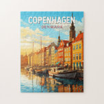 Copenhagen Denmark Travel Art Vintage Legpuzzel<br><div class="desc">Kopenhagen retro vector reisontwerp. Kopenhagen,  de hoofdstad van Denemarken,  ligt op de kusteilanden Seeland en Amager. Het is verbonden met Malmö in Zuid-Zweden door de Sontbrug.</div>
