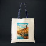 Copenhagen Denmark Travel Art Vintage Tote Bag<br><div class="desc">Kopenhagen retro vector reisontwerp. Kopenhagen,  de hoofdstad van Denemarken,  ligt op de kusteilanden Seeland en Amager. Het is verbonden met Malmö in Zuid-Zweden door de Sontbrug.</div>