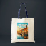 Copenhagen Denmark Travel Art Vintage Tote Bag<br><div class="desc">Kopenhagen retro vector reisontwerp. Kopenhagen,  de hoofdstad van Denemarken,  ligt op de kusteilanden Seeland en Amager. Het is verbonden met Malmö in Zuid-Zweden door de Sontbrug.</div>
