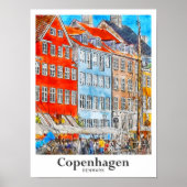 Copenhagen Denmark Travel Waterverf Sketch Poster (Voorkant)