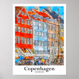 Copenhagen Denmark Travel Waterverf Sketch Poster