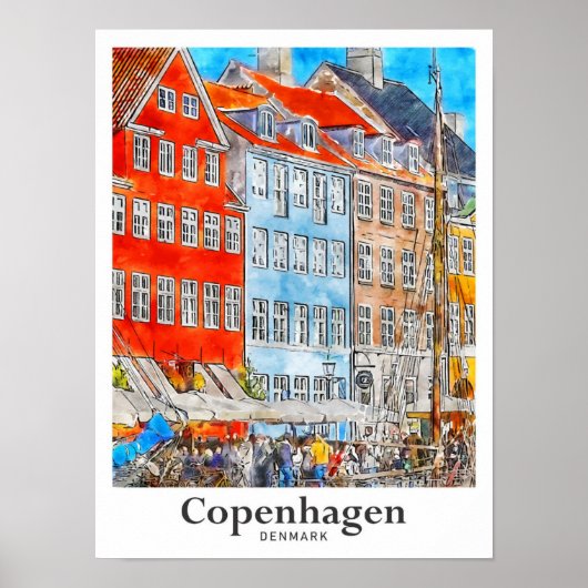 Copenhagen Denmark Travel Waterverf Sketch Poster (Voorkant)