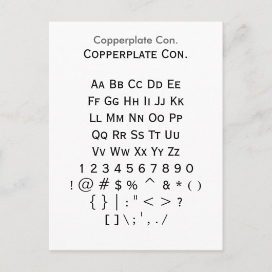 Coperplate Con. - Datablad Zazzle Font Sampler Briefkaart (Voorkant)