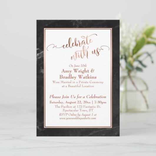 Copper Black Marble Celebrate met Us Wedding Fun Kaart (Staand voorkant)