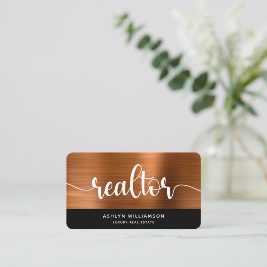 Copper Black Realtor Foto QR Code Broker Agent Visitekaartje (Staand voorkant)