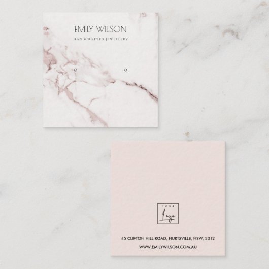 COPPER BLUSH PINK MARBLE STUD EARRING DISPLAY LOGO VIERKANTE VISITEKAARTJE (Voorkant / Achterkant)