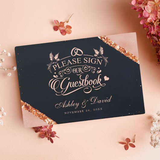 Copper Blush Pink Navy Geometric Wedding Gastenboek