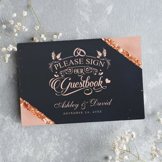 Copper Blush Pink Navy Geometric Wedding Gastenboek