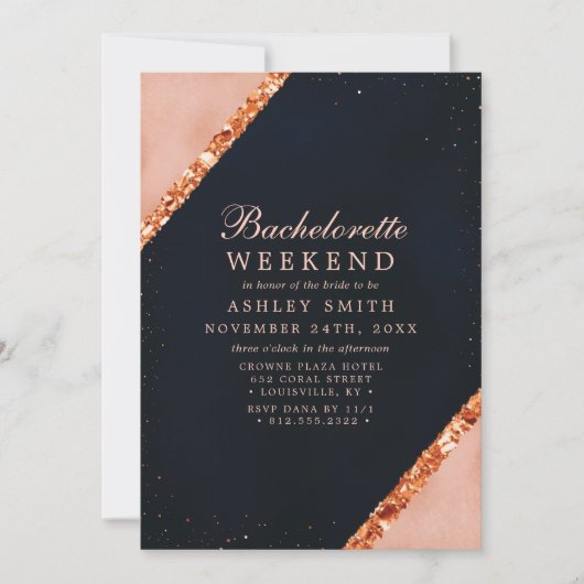 Copper Blush Pink Navy Modern Bachelorette Weekend Kaart (Voorkant)