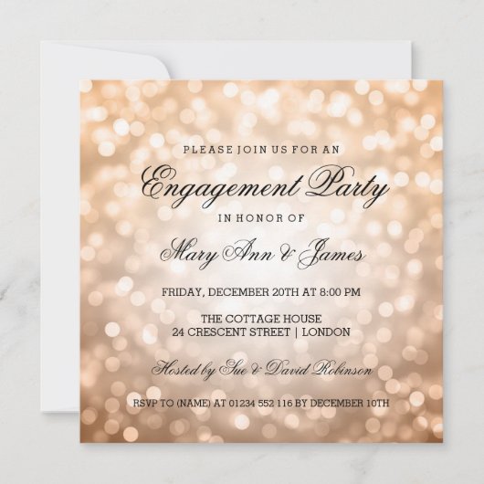 Copper Bokeh Lights Elegant Engagement Party Kaart (Voorkant)