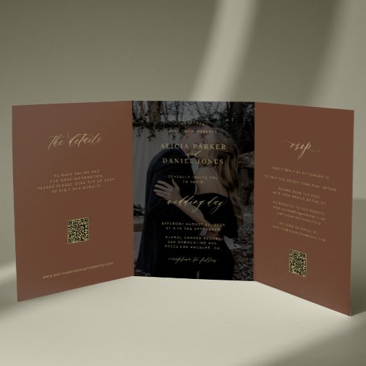 Copper brown gold photo wedding RSVP details QR Drieluik Uitnodiging