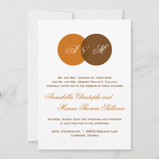 Copper Brown Twin Monogram Fall Wedding Invitation Kaart (Voorkant)