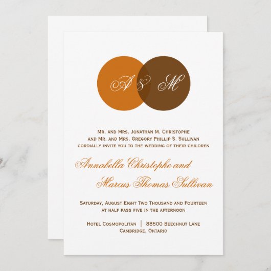 Copper Brown Twin Monogram Fall Wedding Invitation Kaart (Voorkant / Achterkant)
