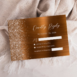 Copper Brushed Metal Glitter Script Wedding RSVP Kaartje