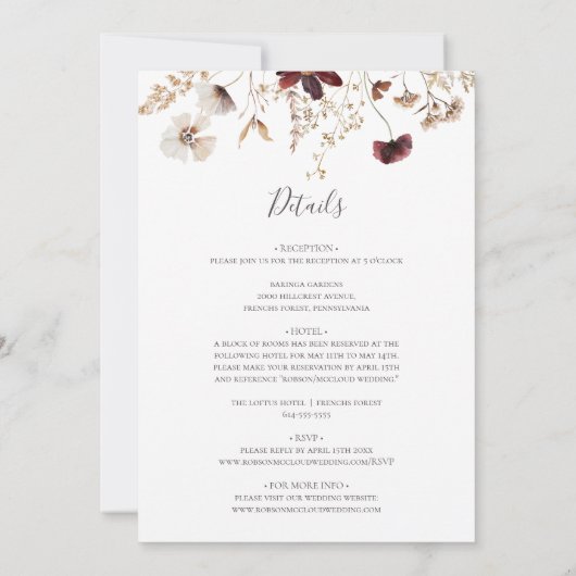 Copper Burgundy Wildflower | Alles in één bruiloft Kaart (Achterkant)