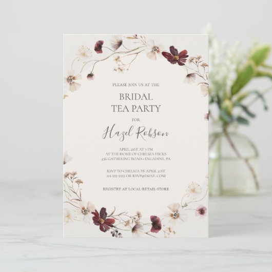 Copper Burgundy Wildflower Beige Bridal Tea Kaart (Staand voorkant)