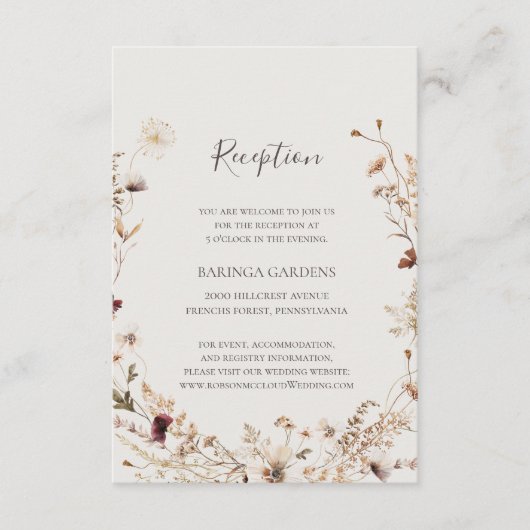 Copper Burgundy Wildflower Beige bruiloft Informatiekaartje (Voorkant)