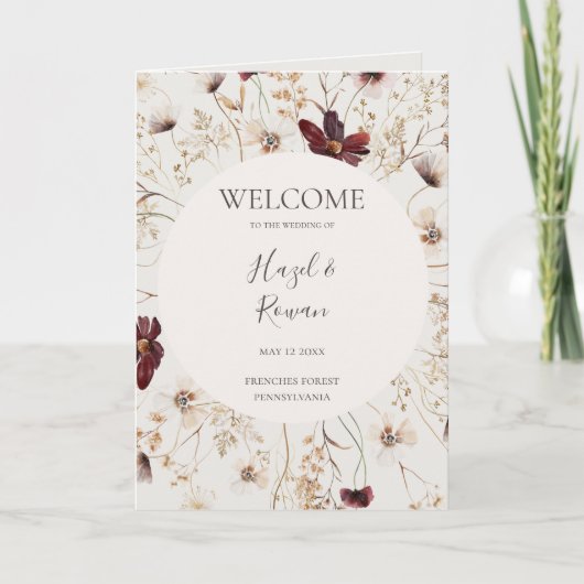Copper Burgundy Wildflower | Beige Folded Wedding Programma (Voorkant)