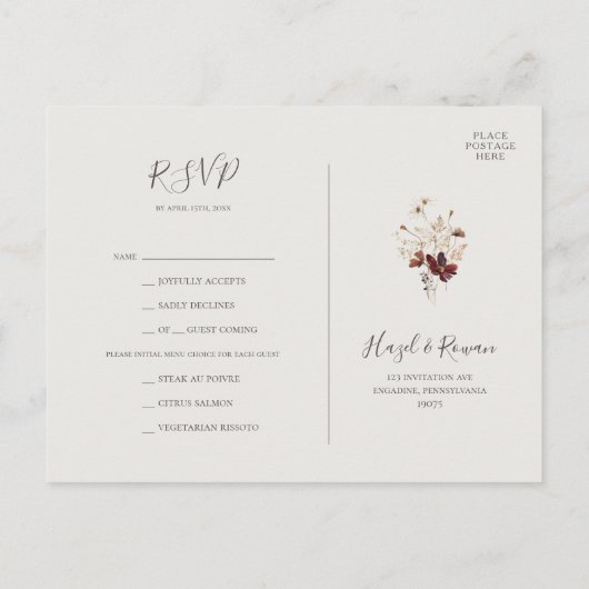 Copper Burgundy Wildflower Beige Menu Keuze RSVP (Achterkant)