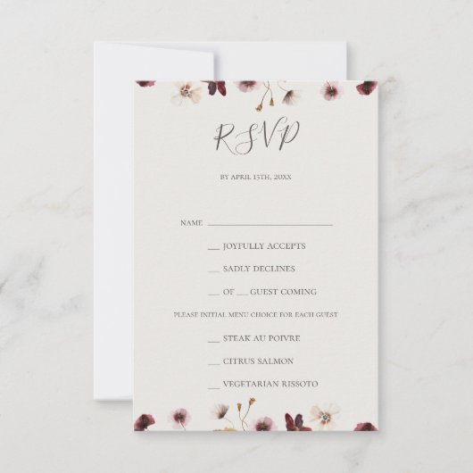 Copper Burgundy Wildflower Beige Menu Keuze RSVP (Voorkant)