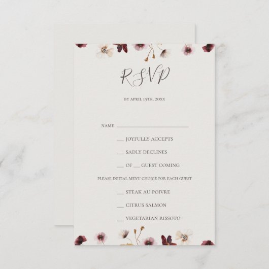 Copper Burgundy Wildflower Beige Menu Keuze RSVP (Voorkant / Achterkant)