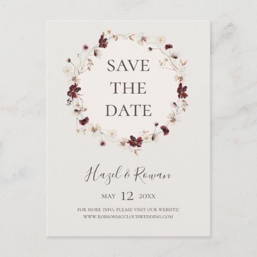 Copper Burgundy Wildflower | Beige Save the Date Uitnodiging Briefkaart (Voorkant)